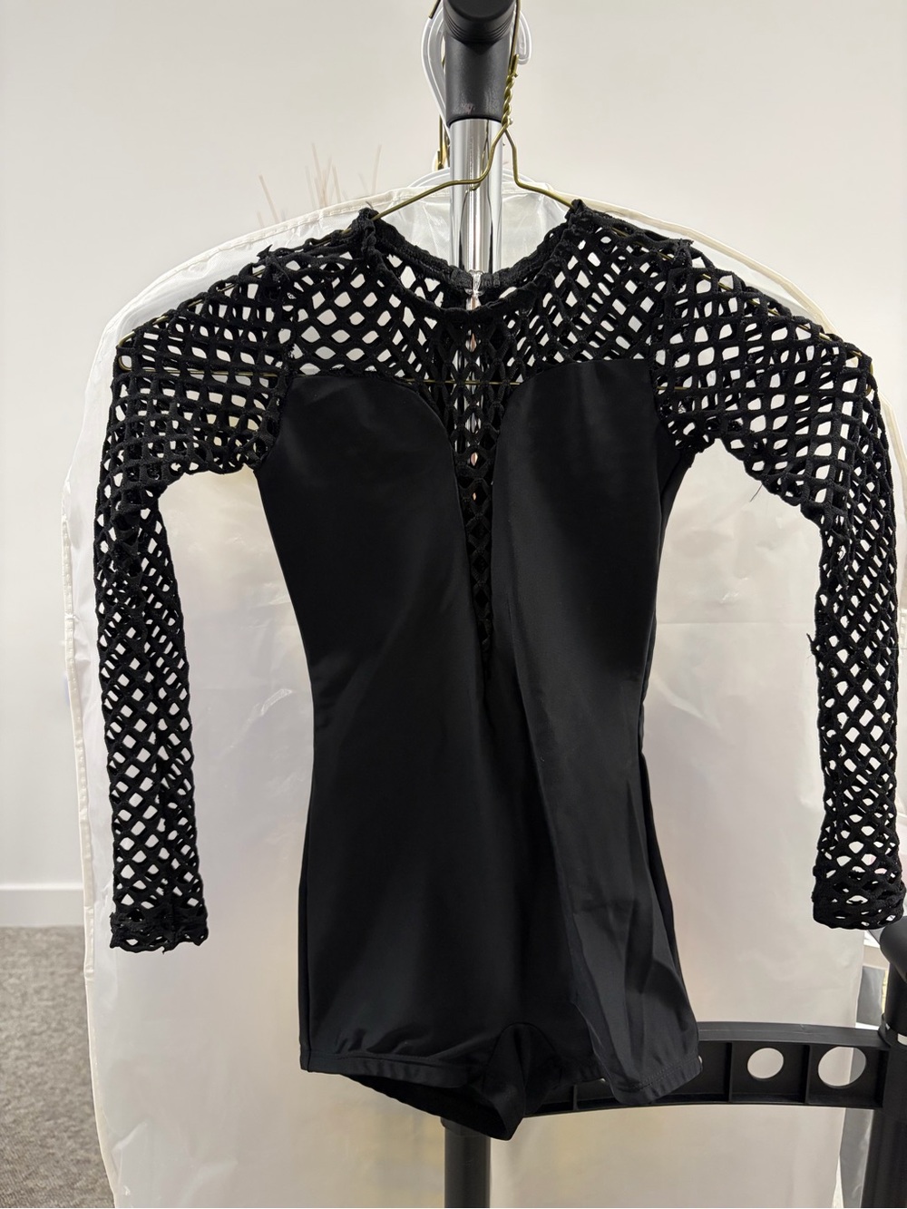 Black Long-Sleeve Fishnet Yoke Shortall